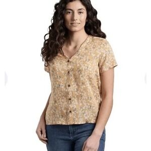 Kuhl Womens Hadley Yellow Floral Top Sz XL Button Front Cottagecore Boho Casual